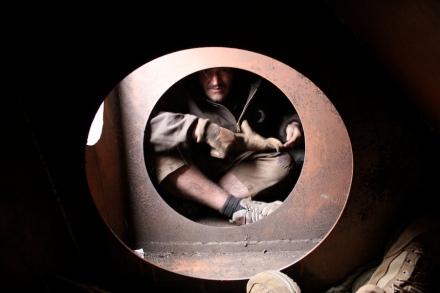 A freight hopper is seen inside the structure of a ‘grainer’